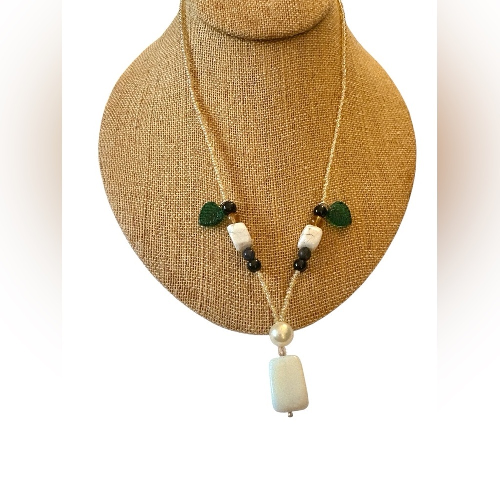 Seed Beaded Necklace with Stones and Glass Leaves with Lobster Claw Clasp